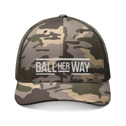 Camouflage Trucker Hat, Ball Her Way, Outdoor Gear, Sporty Gift, Fishing Hat, Women’s Accessories