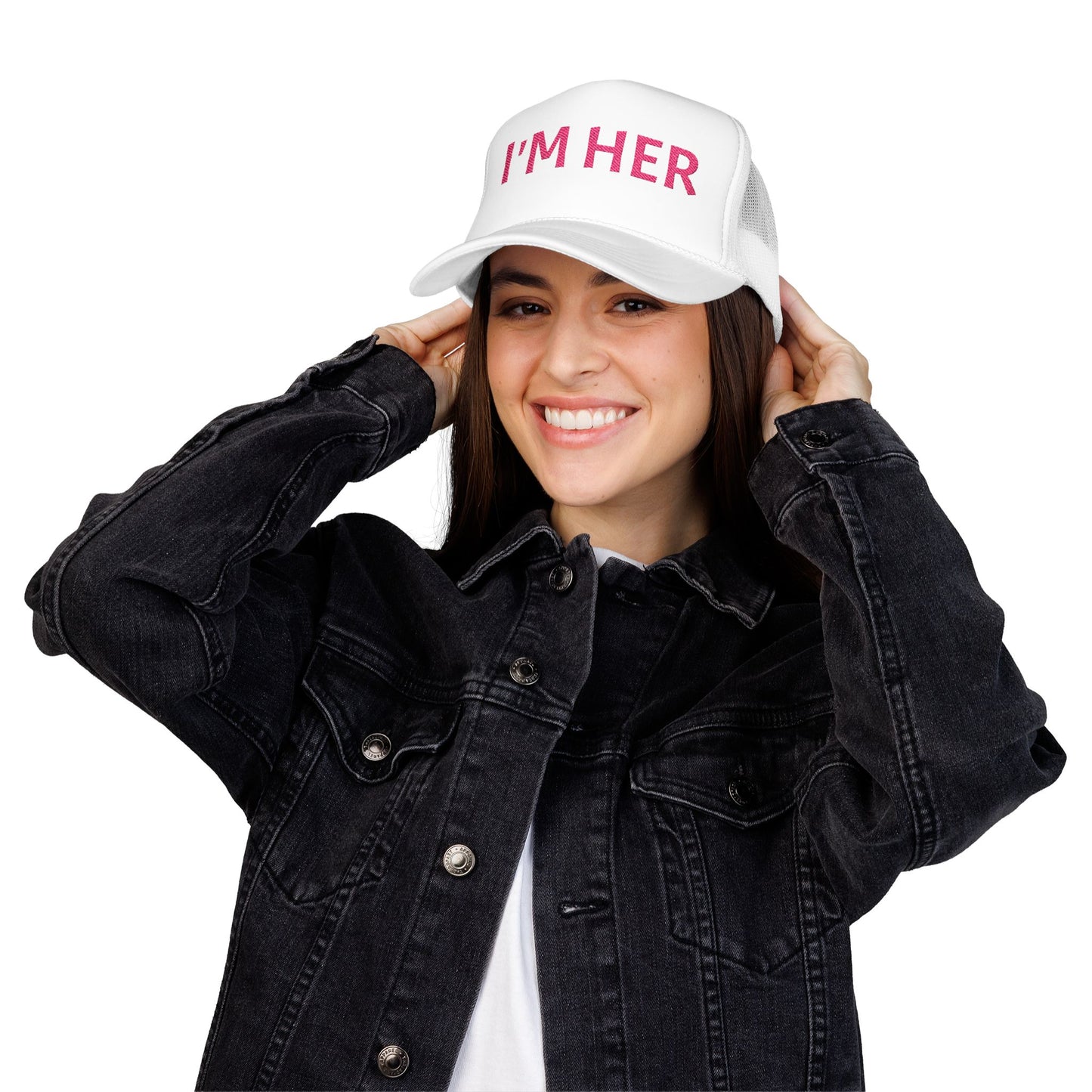 PINK I'm Her Ball and Chain Foam Trucker Hat, Funny Gift for Brides, Wedding Accessories, Bridal Party Apparel, Engagement Celebration Hat